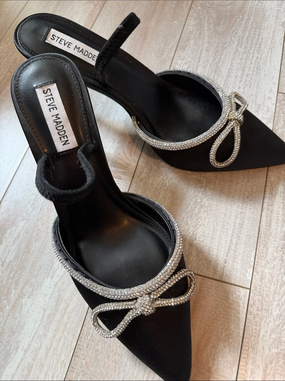 Steve Madden Black Satin Pointed Toe Mule Heels with Crystal Bow Trim